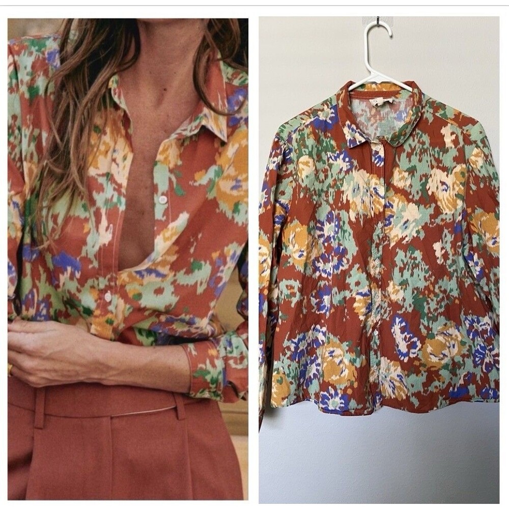 Sezane Pierro Long Sleeve Floral Top Women's Sz FR 46/US 14 XXL Organic Cotton